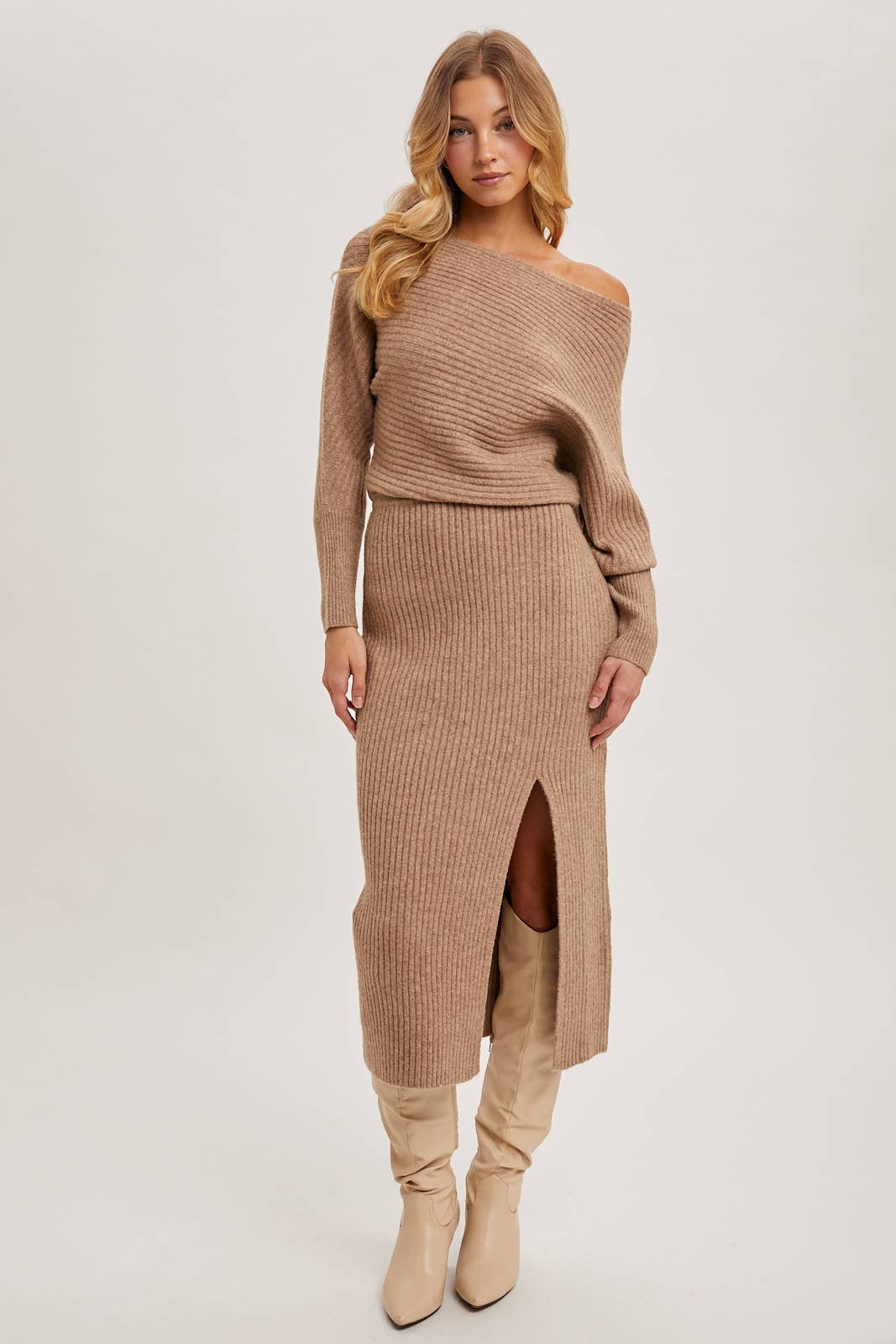 One Shoulder Off Side Slit Midi Knit Sweater Dress: Latte
