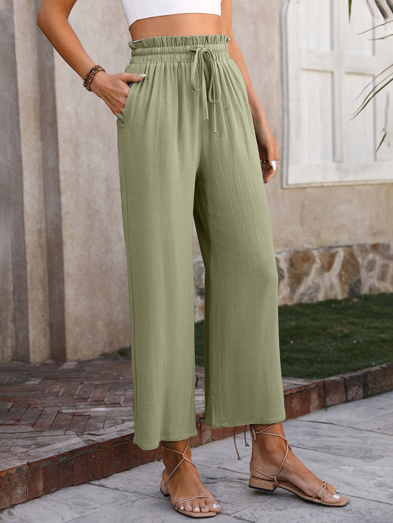 Linen Cropped Wide Leg Pants G5-P8033: Blue