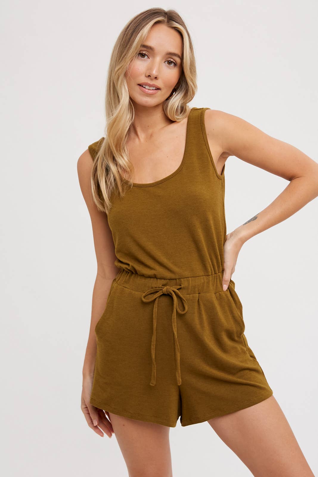 SLEEVELESS KNIT DRAWSTRING ROMPER: OLIVE