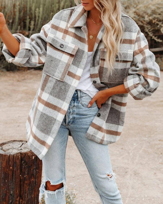 Women's Plaid Button Flannel Shirt Jacket: Light gray / 100%Polyester