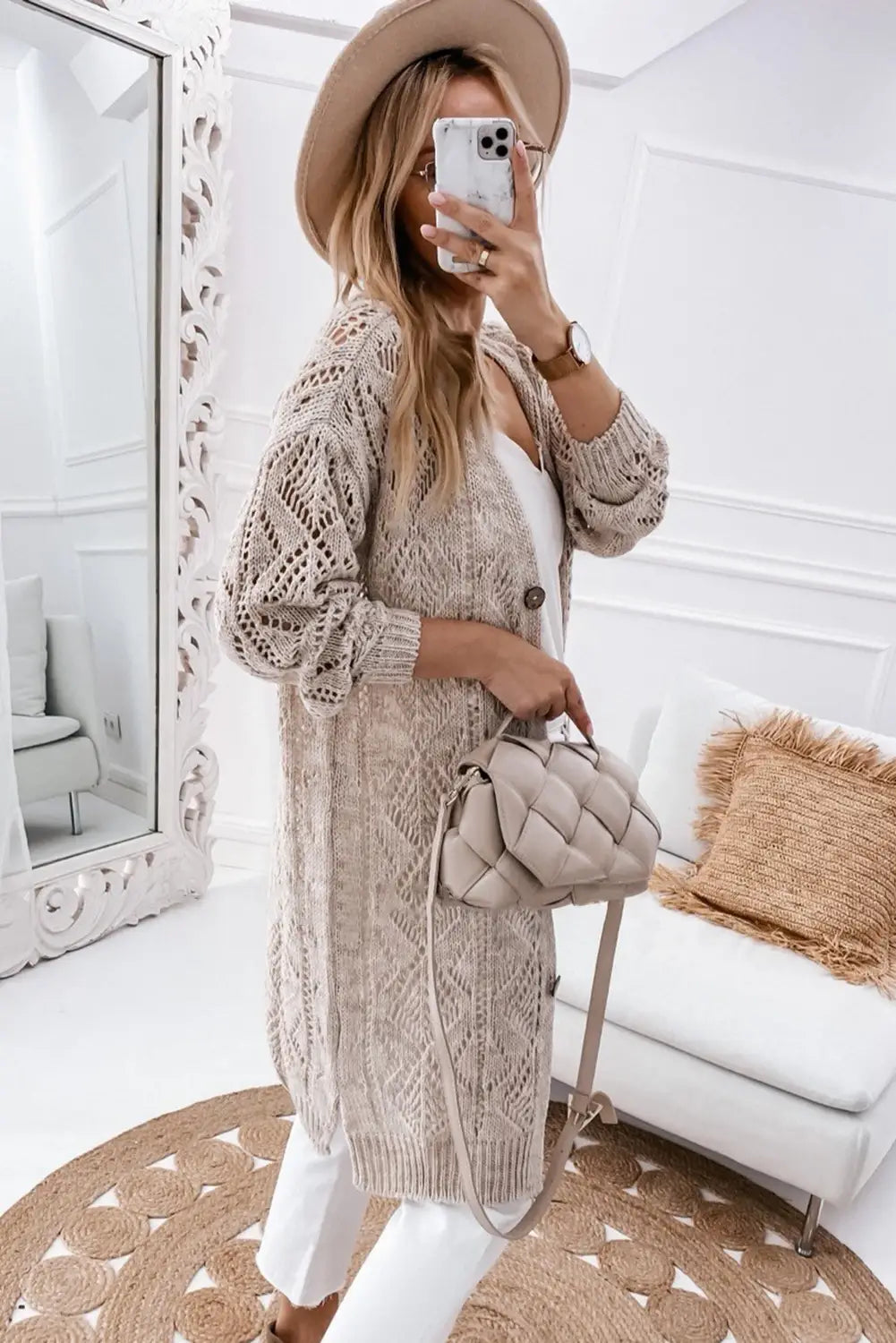 Button Up Hollow Loose Long Sweater Cardigan: Khaki