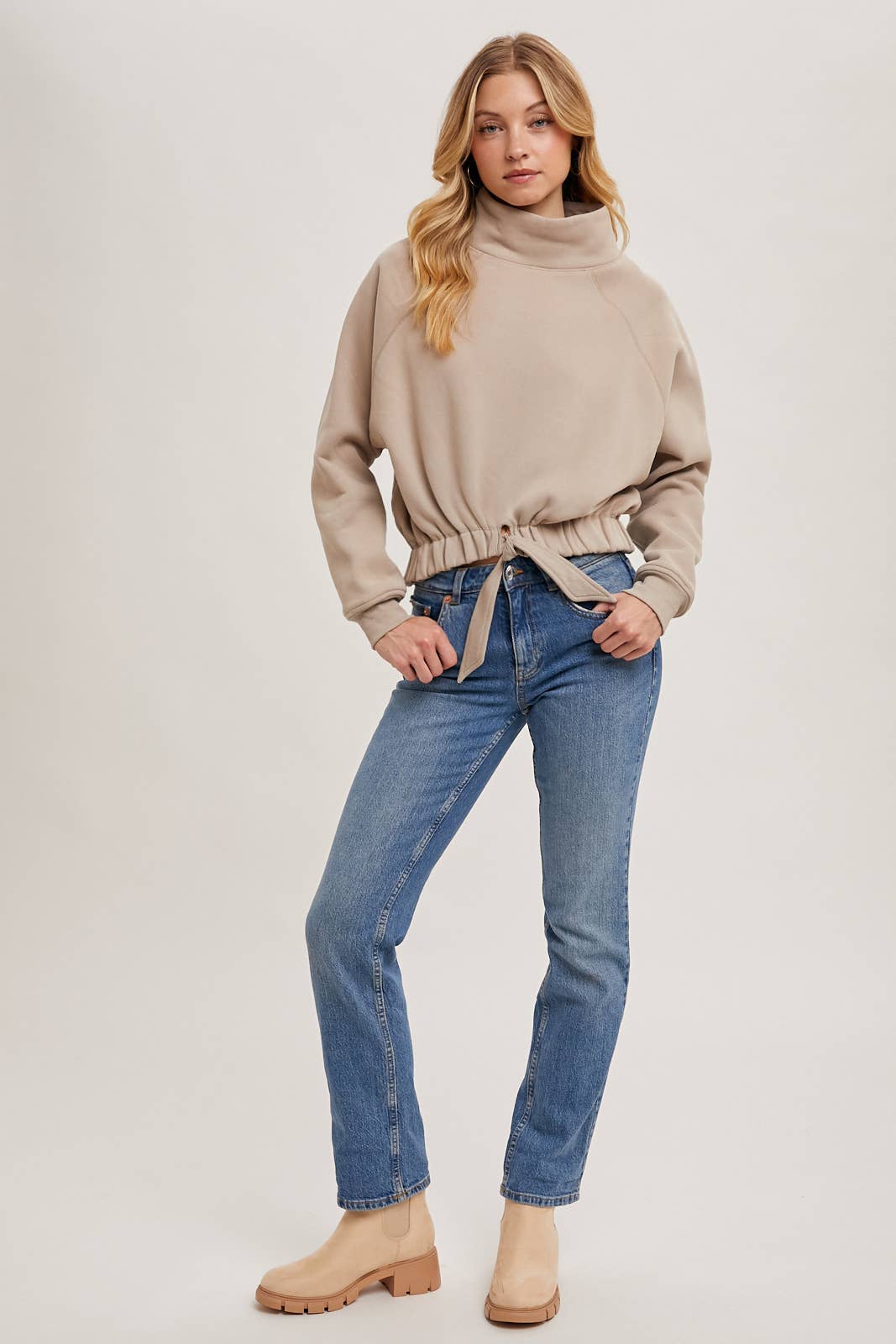 FUNNEL NECK TIE FRONT KNIT SWEATSHIRT: MUSHROOM