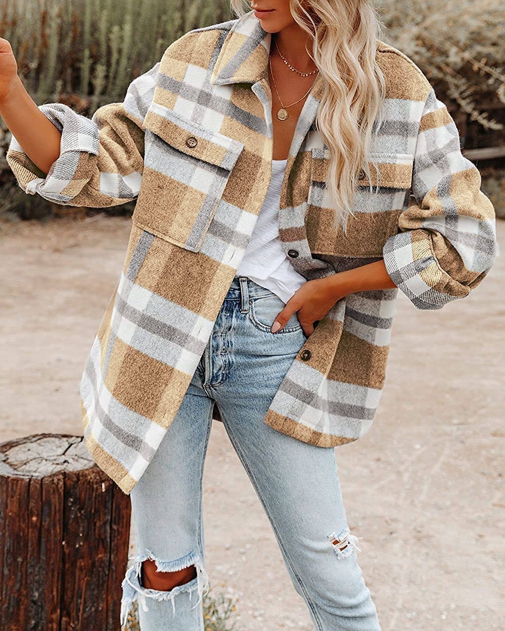 Women's Plaid Button Flannel Shirt Jacket: Light gray / 100%Polyester