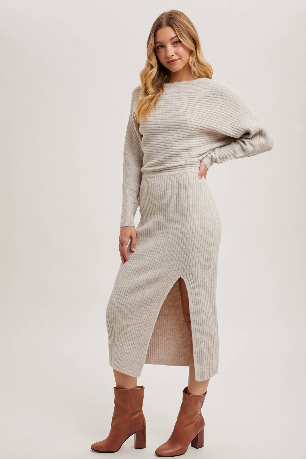 One Shoulder Off Side Slit Midi Knit Sweater Dress: Latte