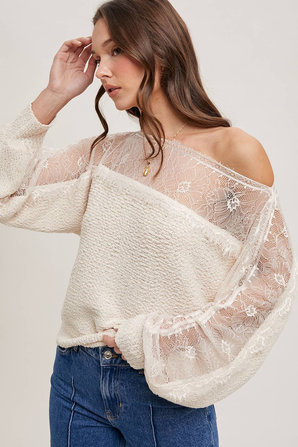 BOAT NECK LACE TRIMMED KNIT SWEATER PULLOVER: Beige