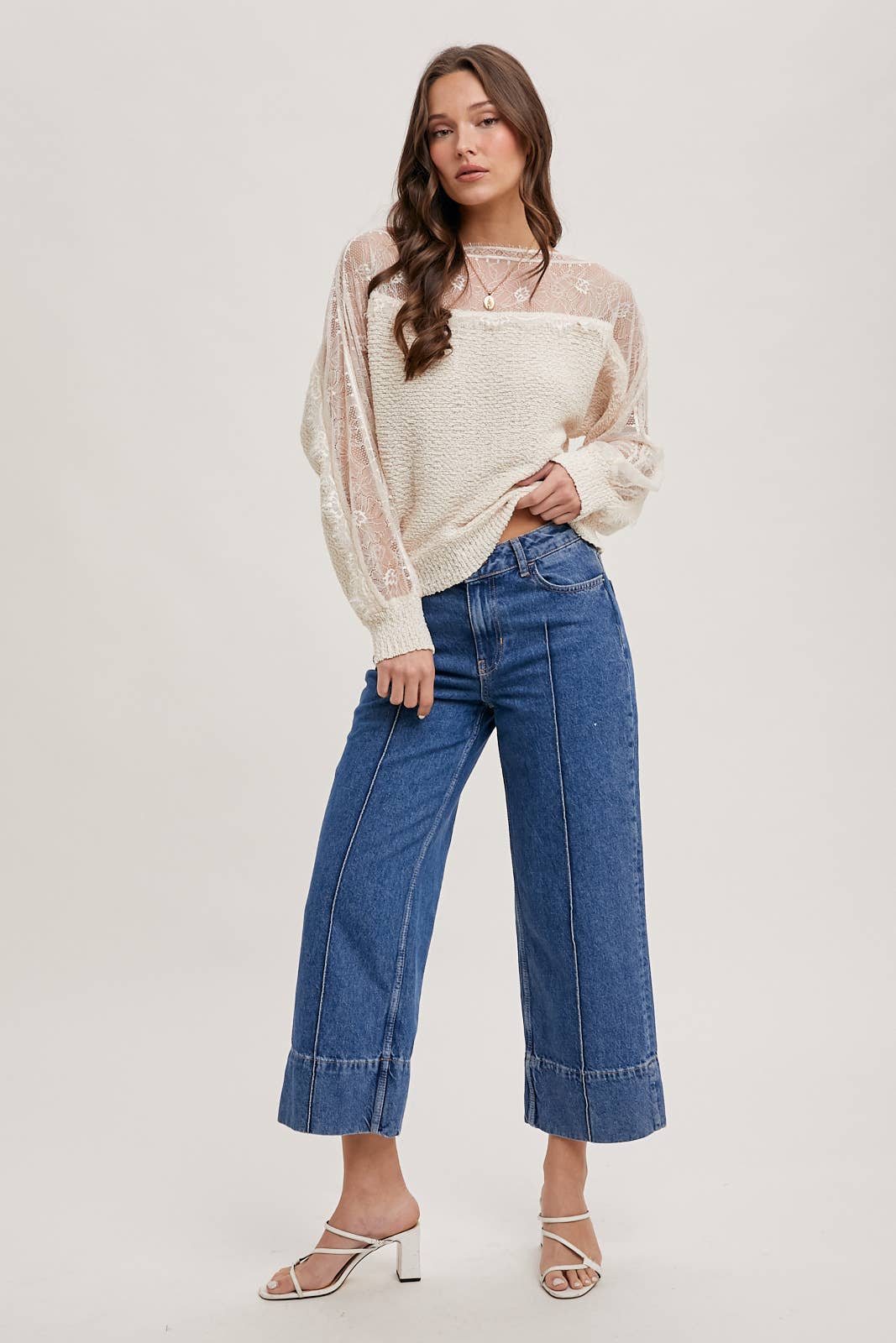 BOAT NECK LACE TRIMMED KNIT SWEATER PULLOVER: Beige
