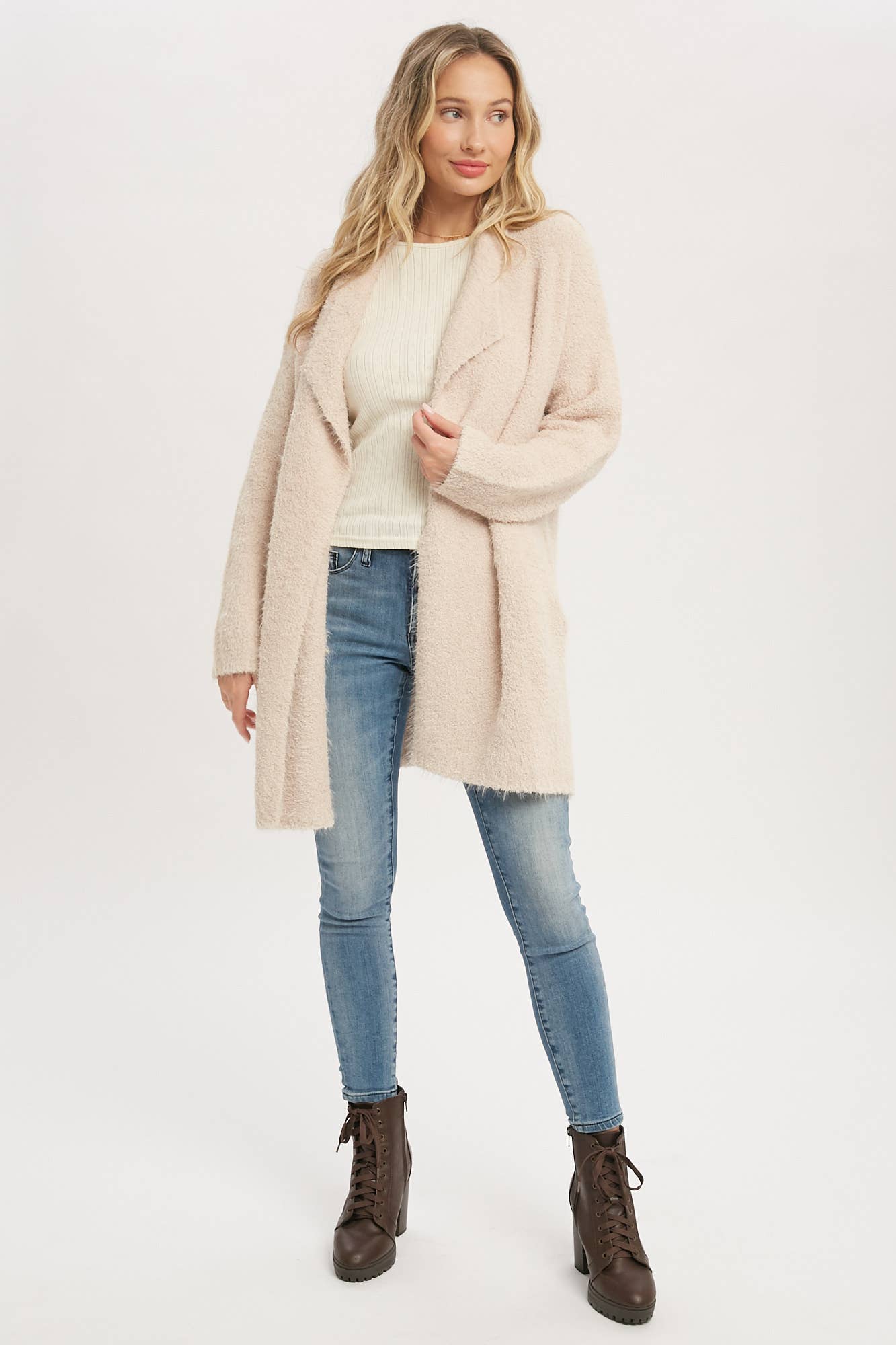 SOFT FUZZY DRAPE FRONT CARDIGAN: MUSHROOM