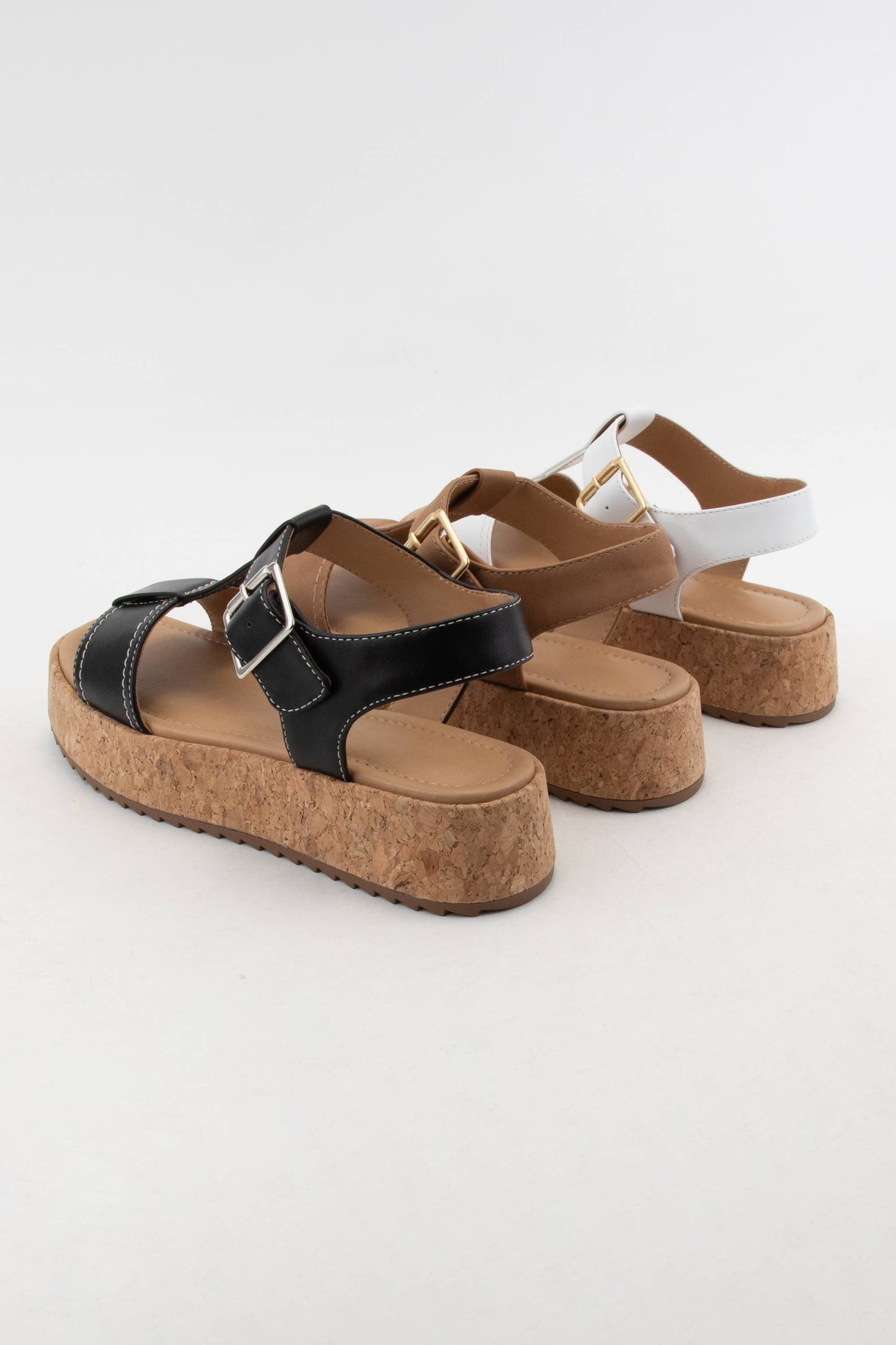 LAVON CORK WRAPPED PLATFORM HEEL T-STRAP CHUNKY SANDAL: WHITE PU