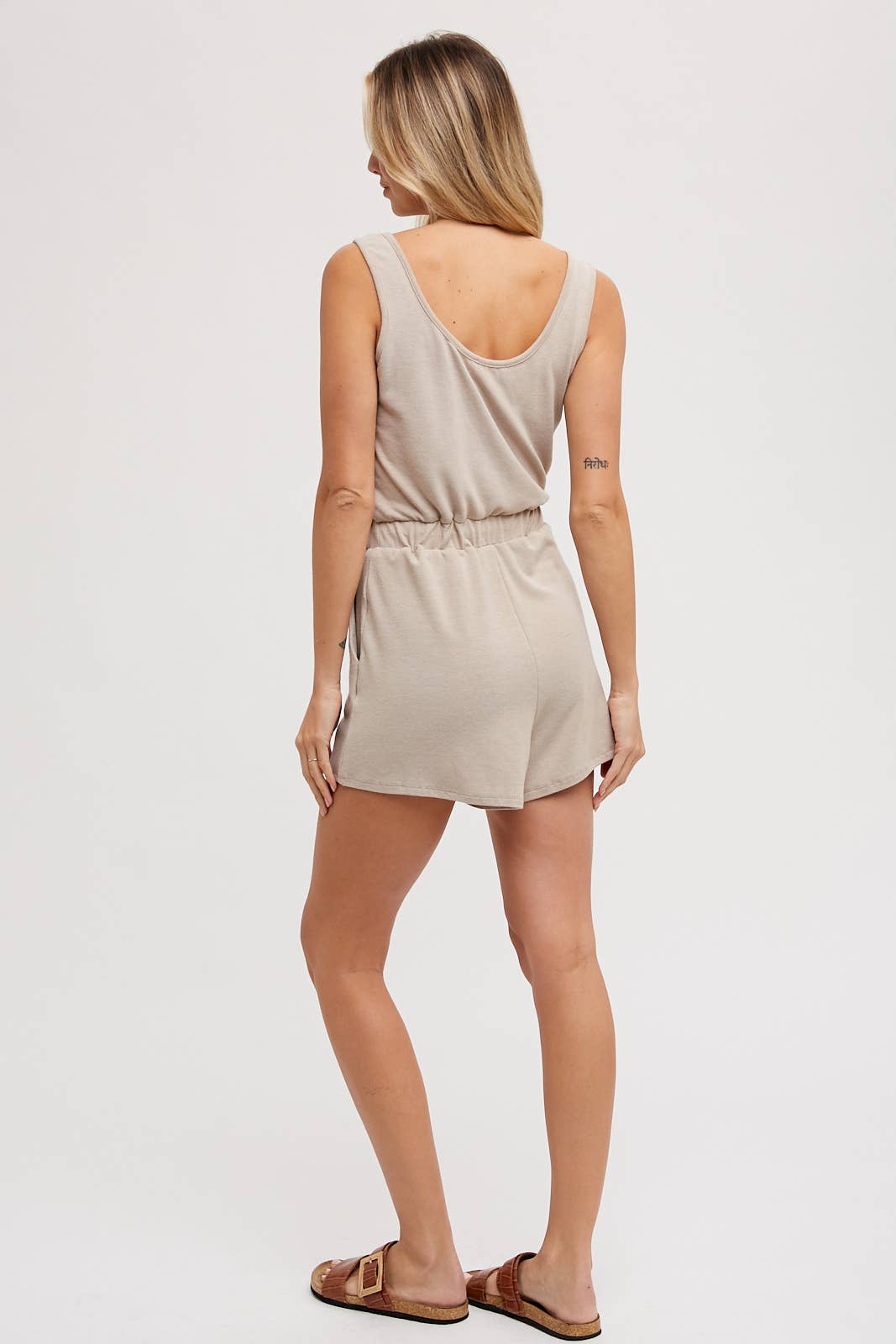SLEEVELESS KNIT DRAWSTRING ROMPER: OLIVE