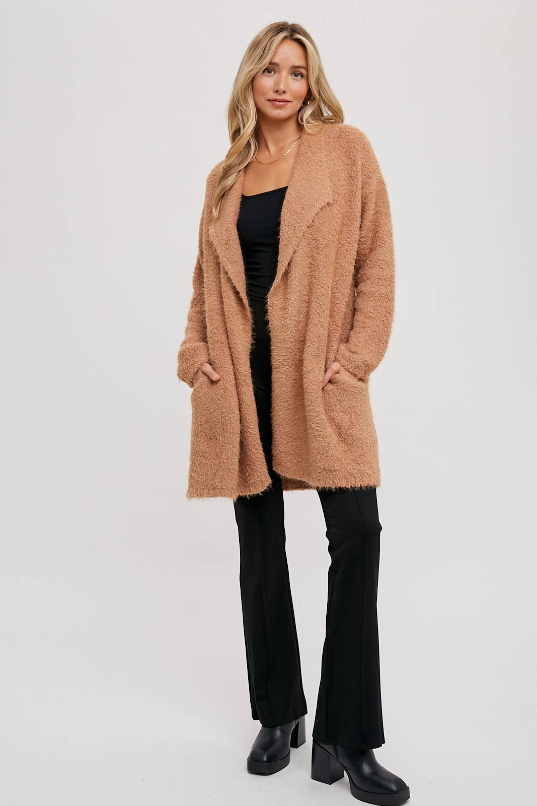 SOFT FUZZY DRAPE FRONT CARDIGAN: MUSHROOM