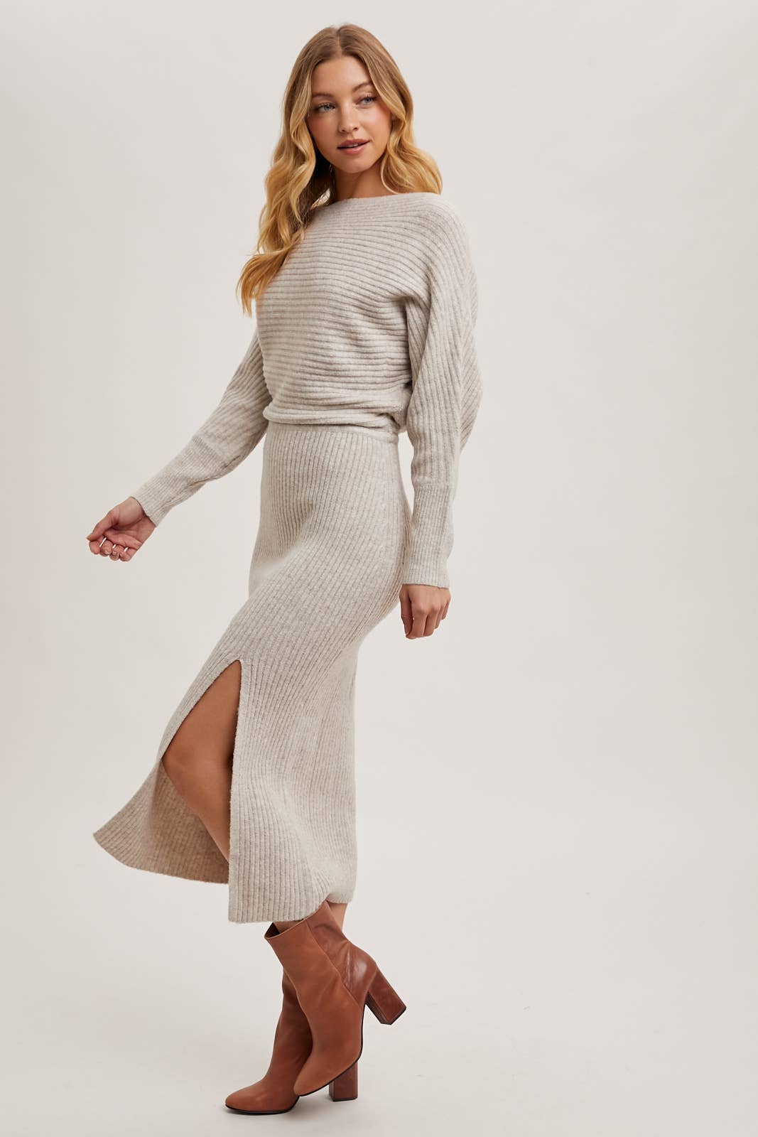 One Shoulder Off Side Slit Midi Knit Sweater Dress: Latte