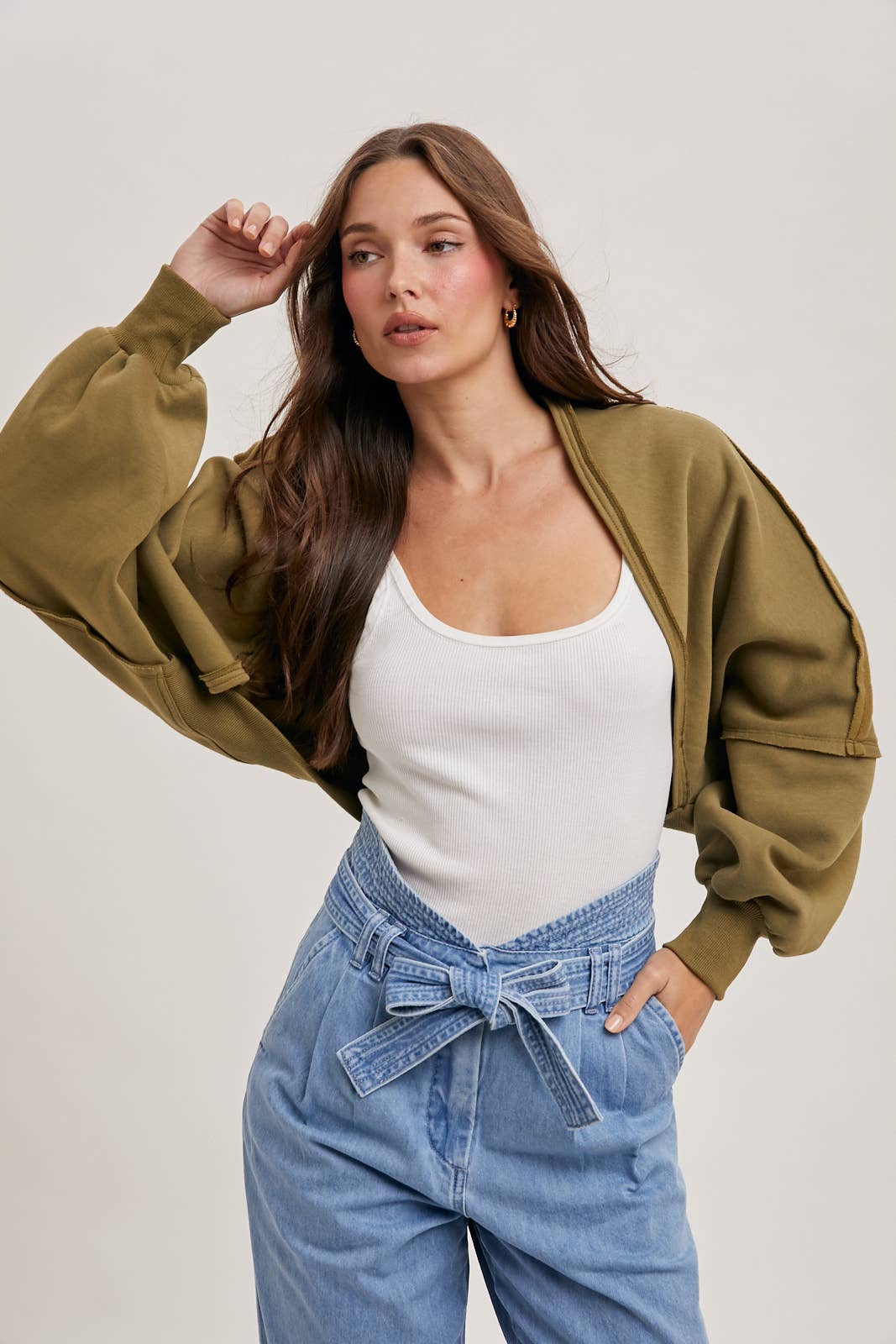 INNER FLEECE SHRUG KNIT CARDIGAN: H.GREY