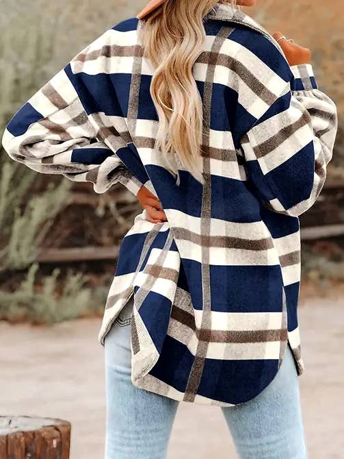 Women's Plaid Button Flannel Shirt Jacket: Light gray / 100%Polyester