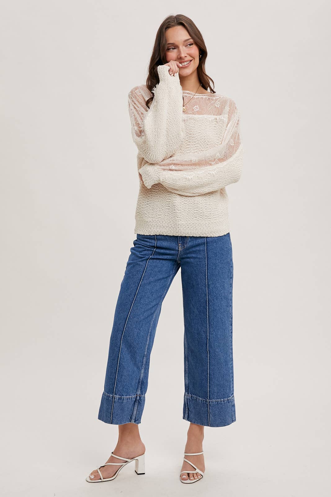BOAT NECK LACE TRIMMED KNIT SWEATER PULLOVER: Beige