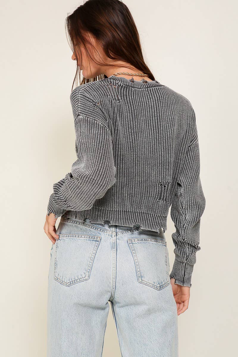 Cropped Mineral Wash Distressed Sweater : Charcoal