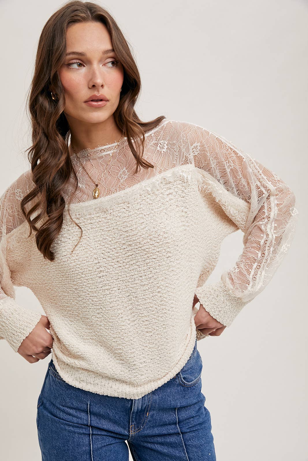 BOAT NECK LACE TRIMMED KNIT SWEATER PULLOVER: Beige