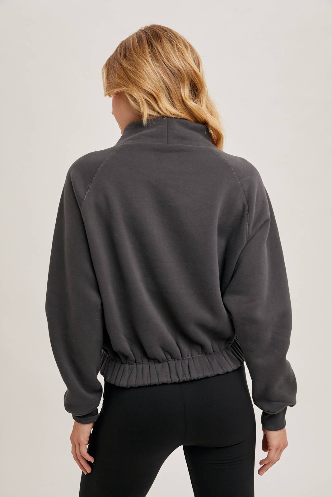 FUNNEL NECK TIE FRONT KNIT SWEATSHIRT: MUSHROOM