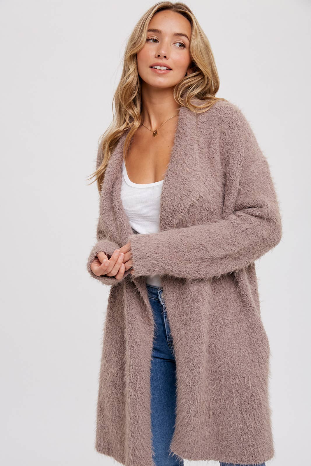 SOFT FUZZY DRAPE FRONT CARDIGAN: MUSHROOM