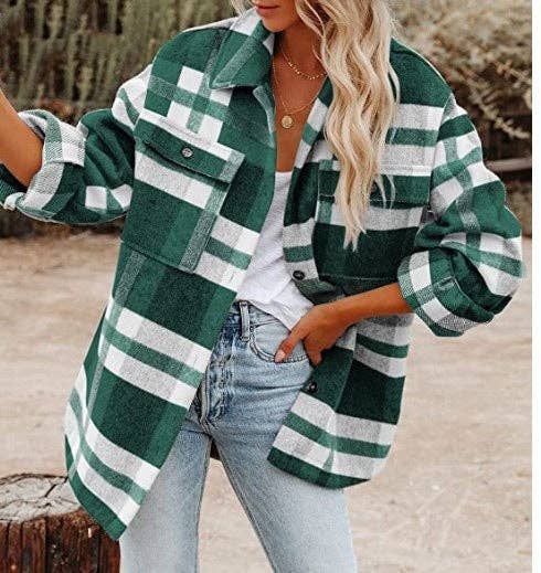 Women's Plaid Button Flannel Shirt Jacket: Light gray / 100%Polyester