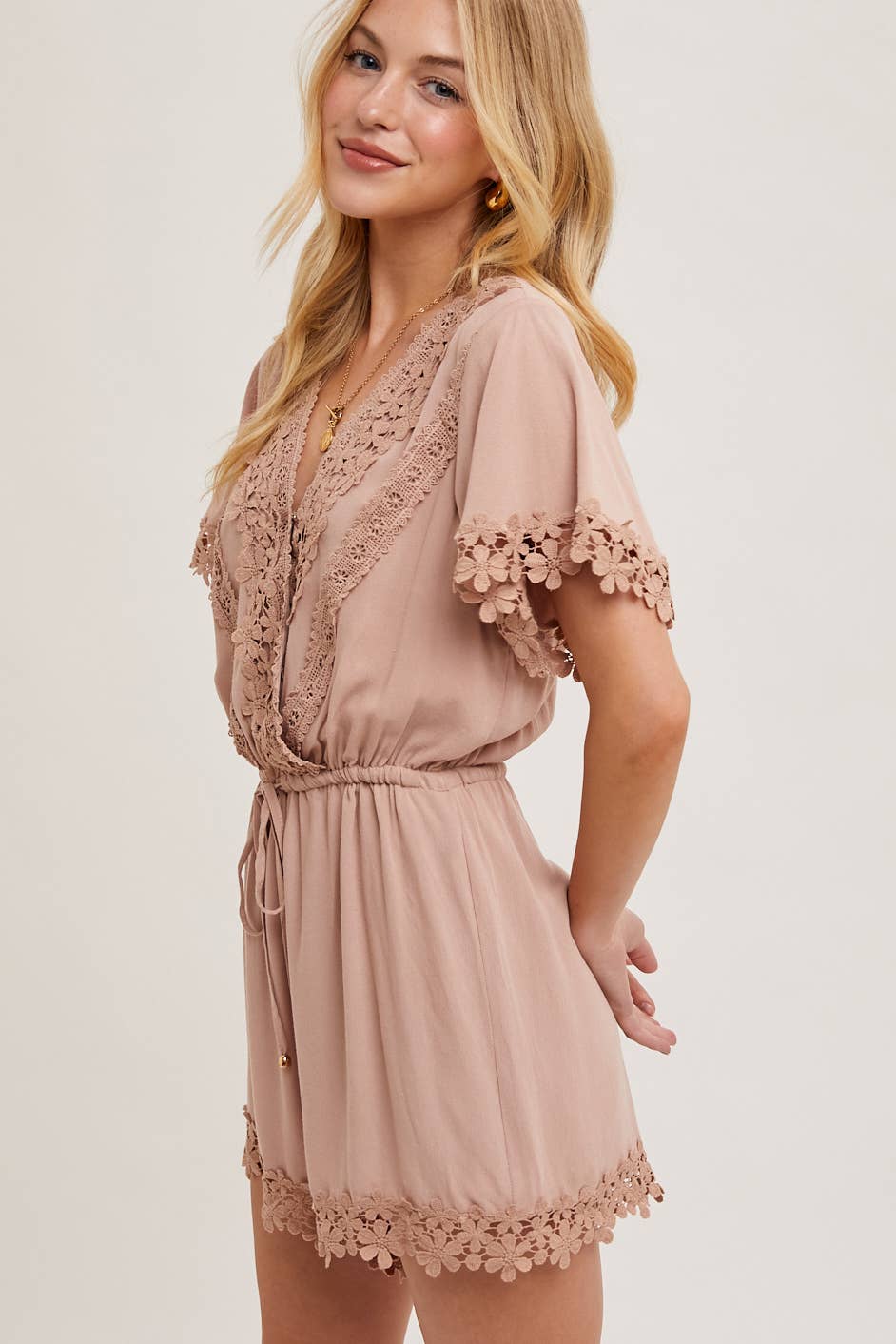 WRAP FLORAL LACE TRIMMED DRAWSTRING ROMPER: ALMOND