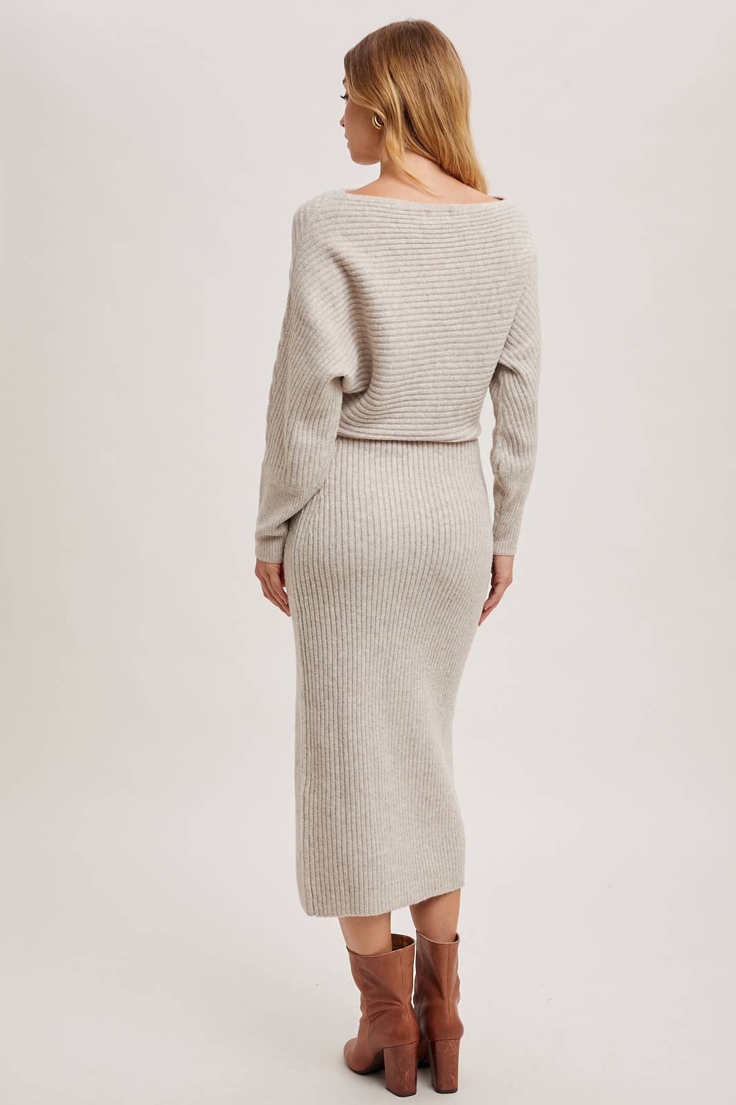One Shoulder Off Side Slit Midi Knit Sweater Dress: Latte