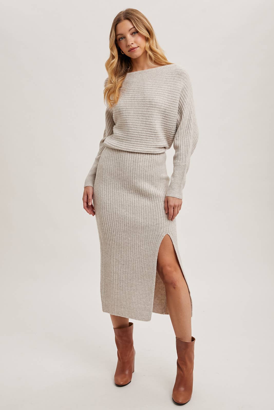 One Shoulder Off Side Slit Midi Knit Sweater Dress: Latte