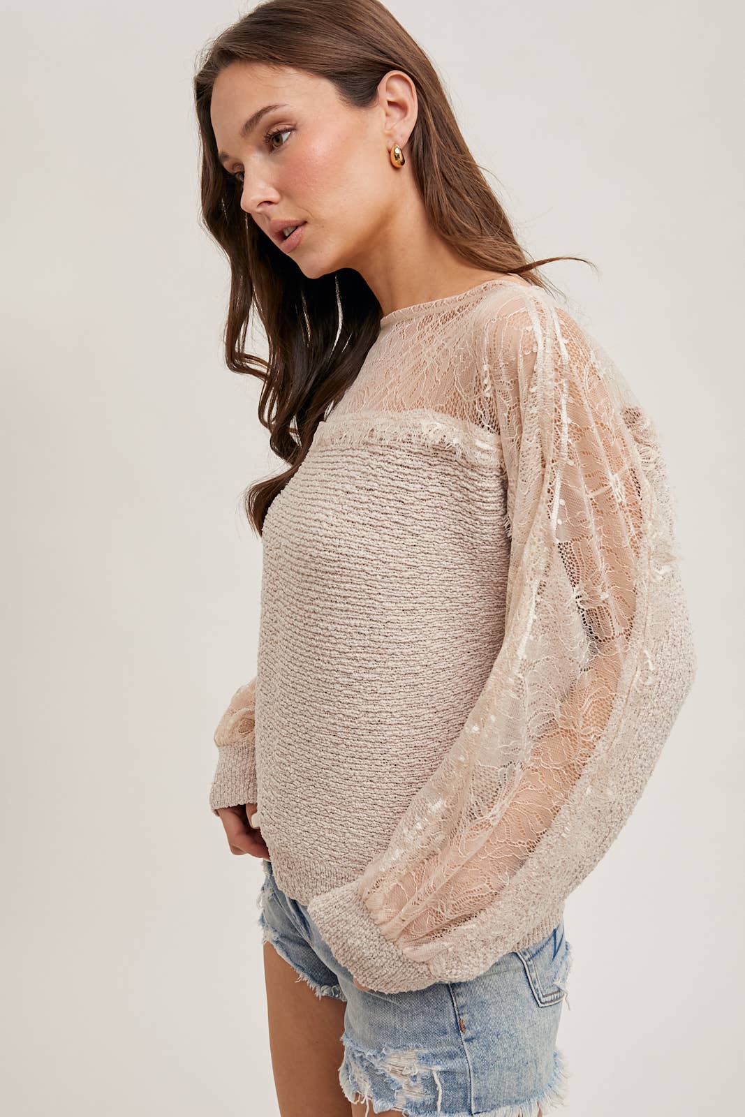 BOAT NECK LACE TRIMMED KNIT SWEATER PULLOVER: Beige