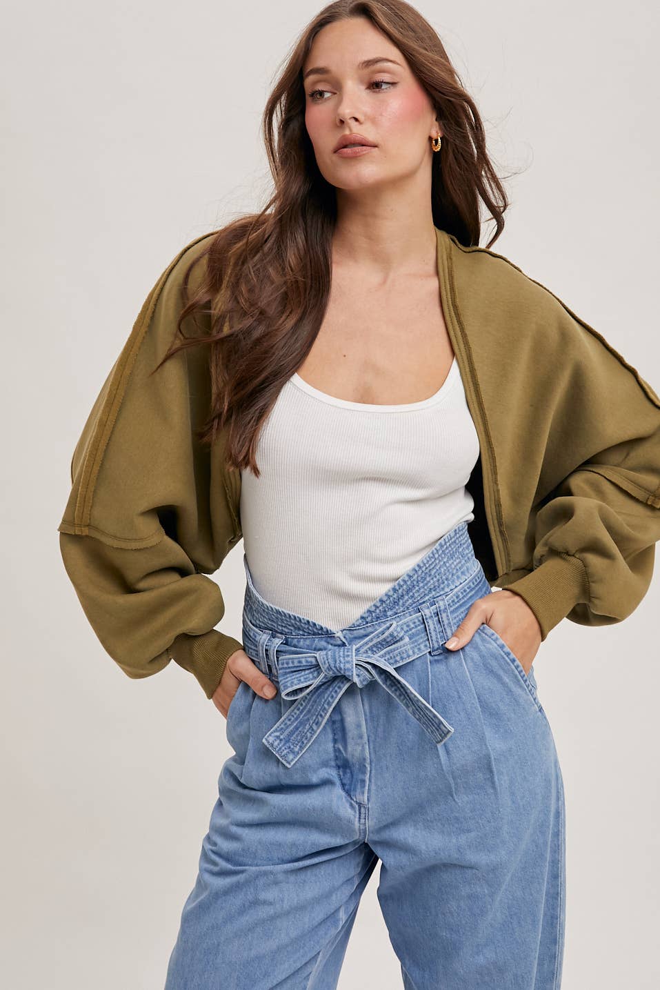 INNER FLEECE SHRUG KNIT CARDIGAN: H.GREY