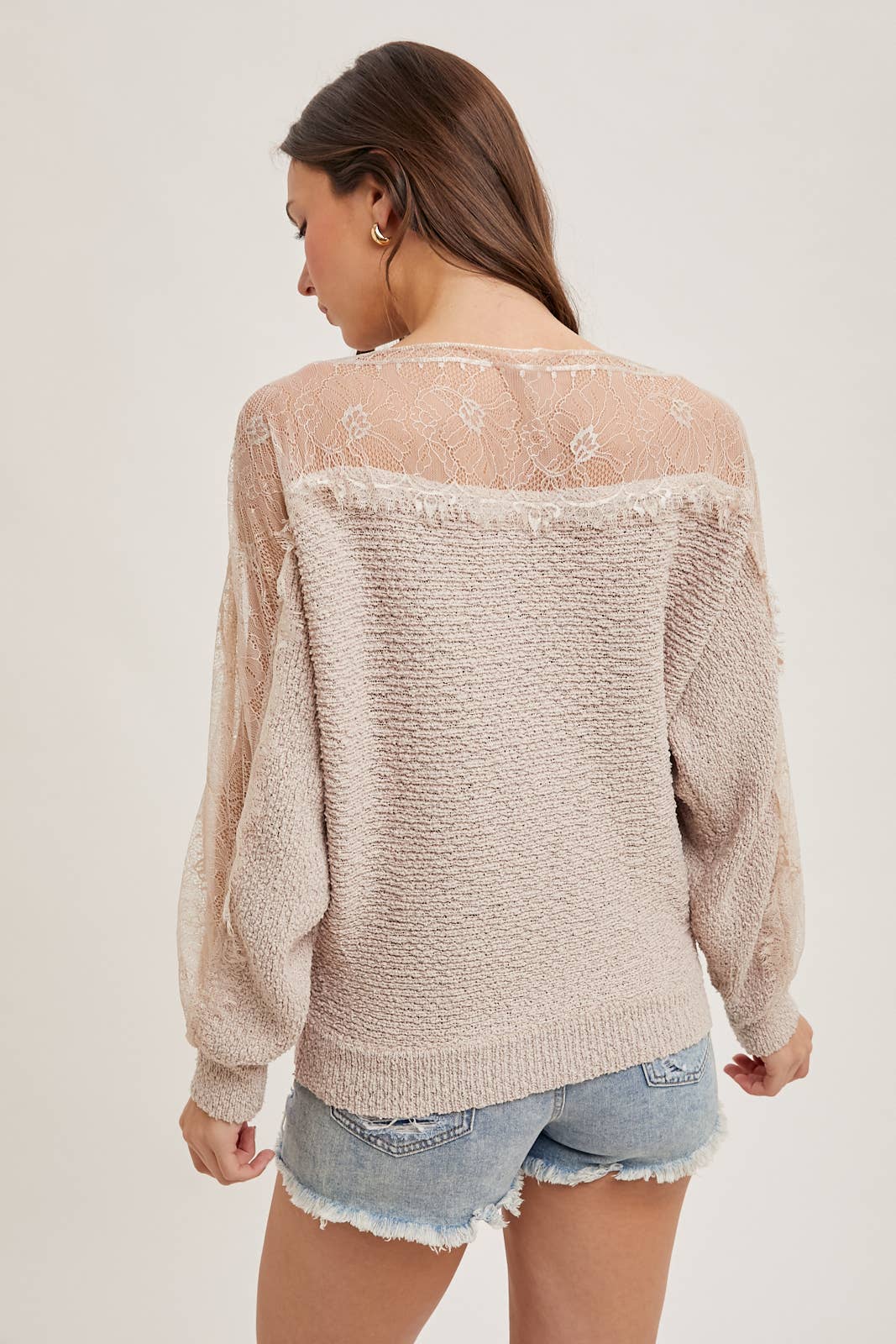 BOAT NECK LACE TRIMMED KNIT SWEATER PULLOVER: Beige