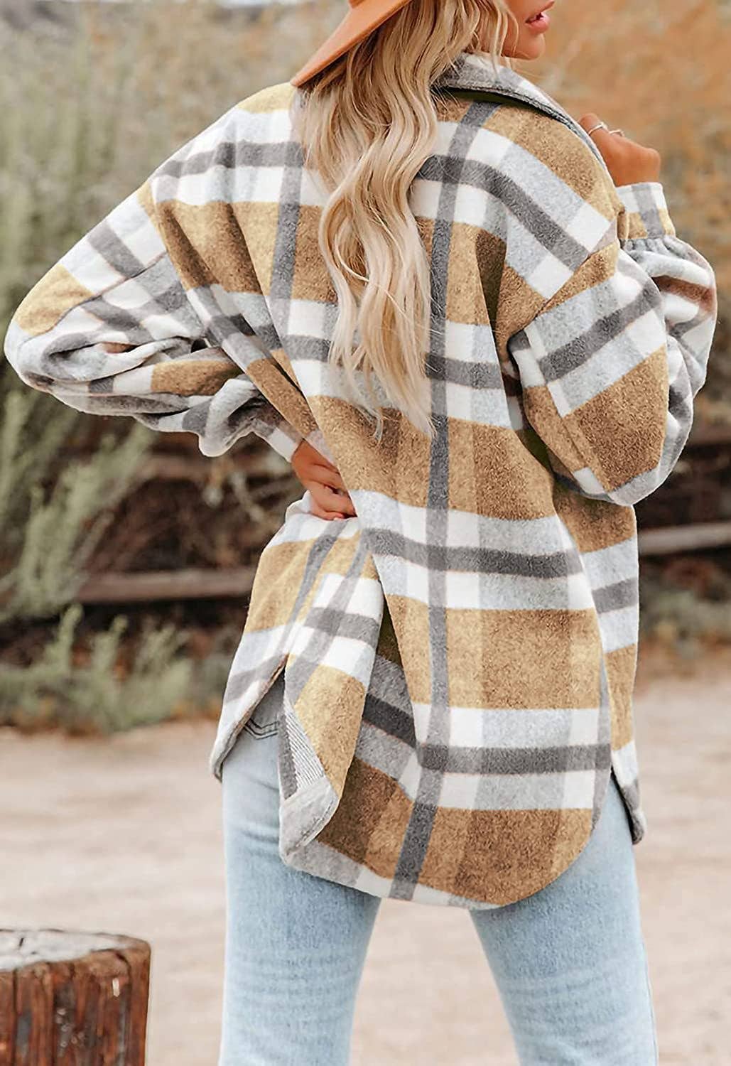 Women's Plaid Button Flannel Shirt Jacket: Light gray / 100%Polyester