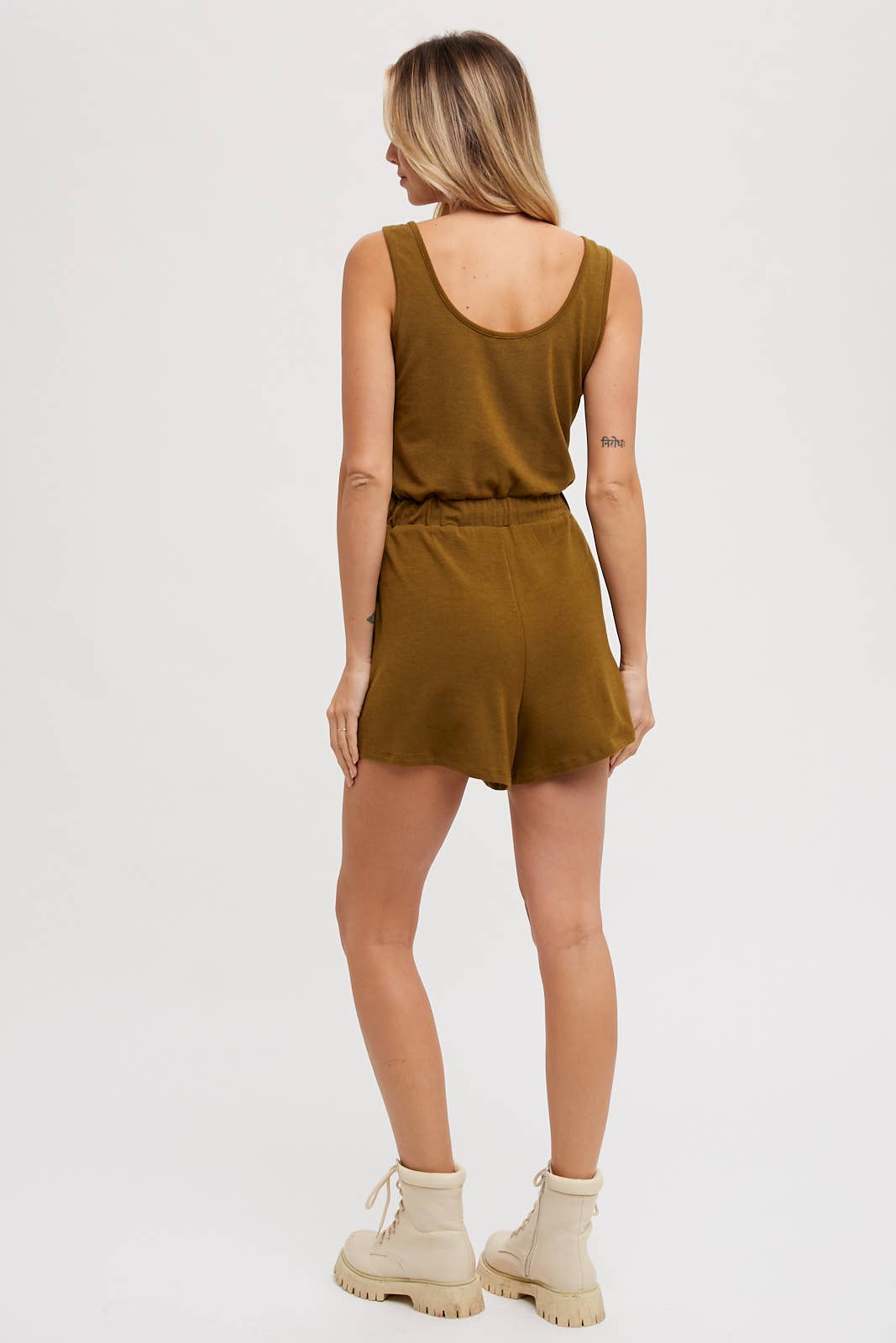 SLEEVELESS KNIT DRAWSTRING ROMPER: OLIVE