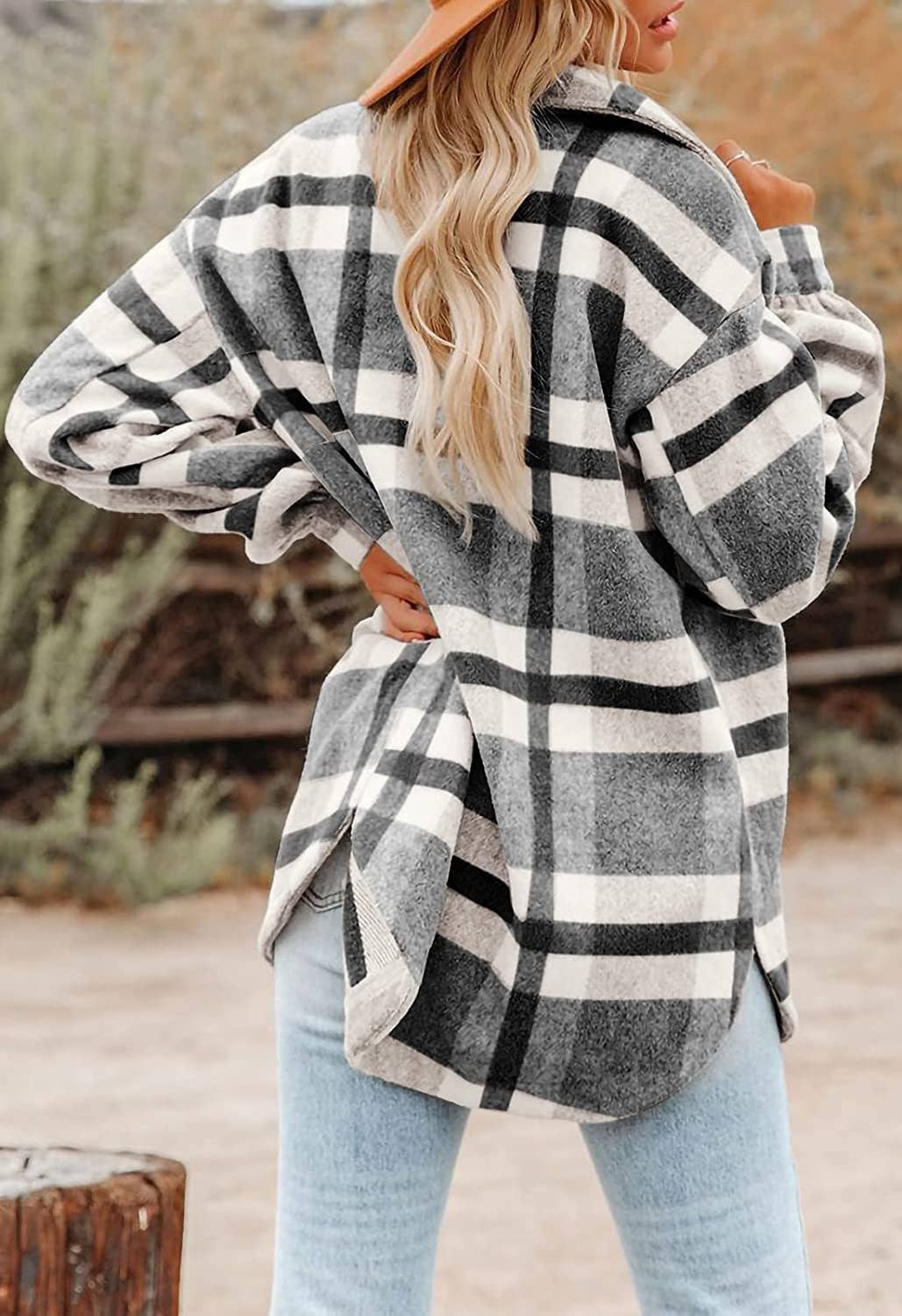 Women's Plaid Button Flannel Shirt Jacket: Light gray / 100%Polyester