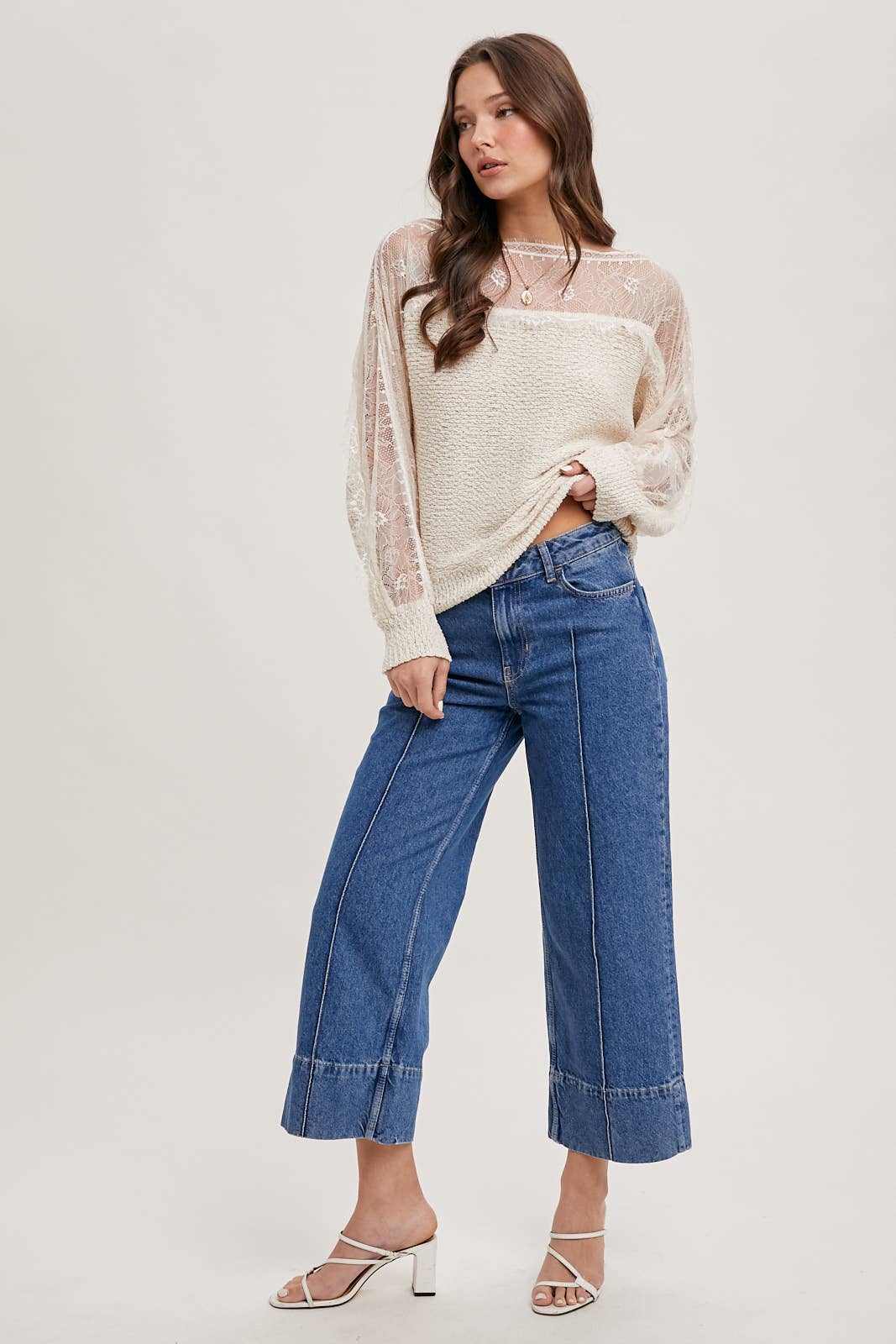 BOAT NECK LACE TRIMMED KNIT SWEATER PULLOVER: Beige