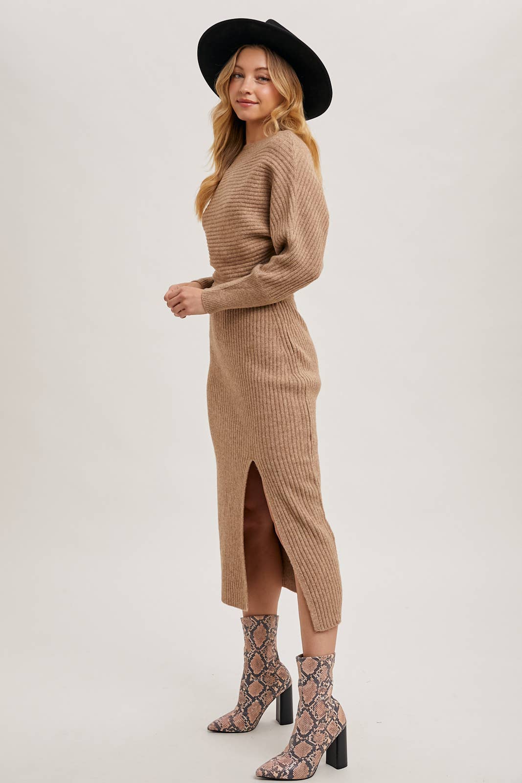 One Shoulder Off Side Slit Midi Knit Sweater Dress: Latte