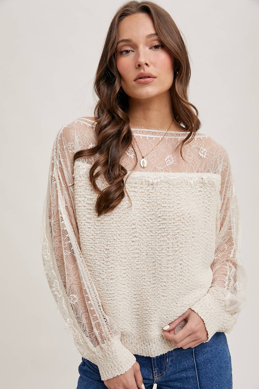 BOAT NECK LACE TRIMMED KNIT SWEATER PULLOVER: Beige