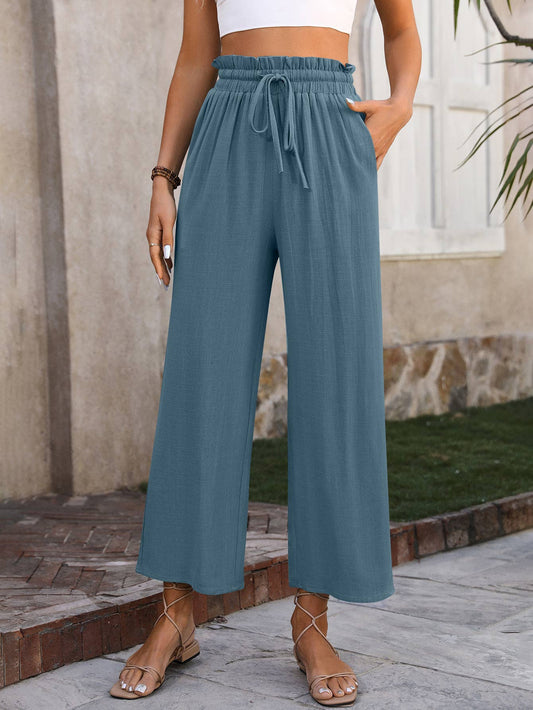 Linen Cropped Wide Leg Pants G5-P8033: Blue