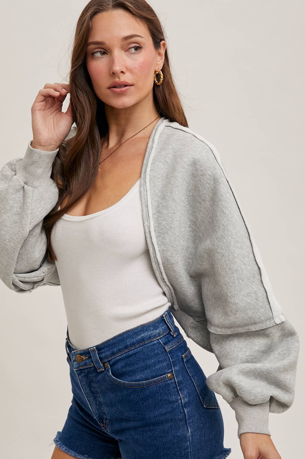 INNER FLEECE SHRUG KNIT CARDIGAN: H.GREY