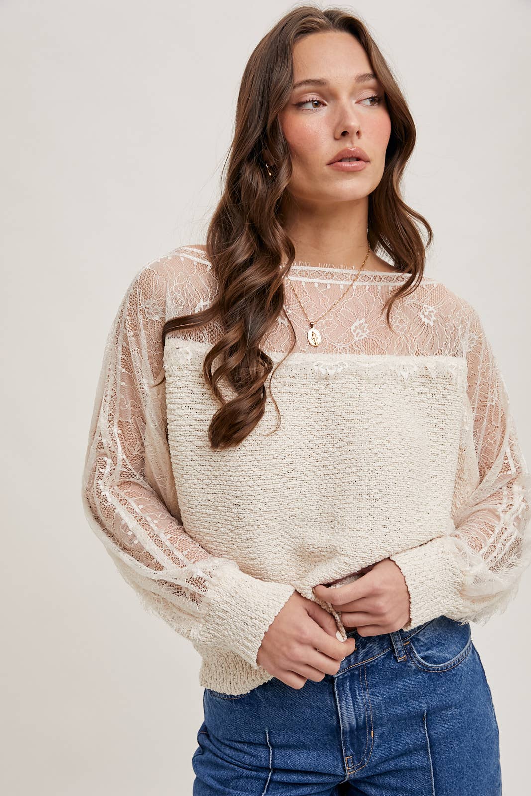 BOAT NECK LACE TRIMMED KNIT SWEATER PULLOVER: Beige