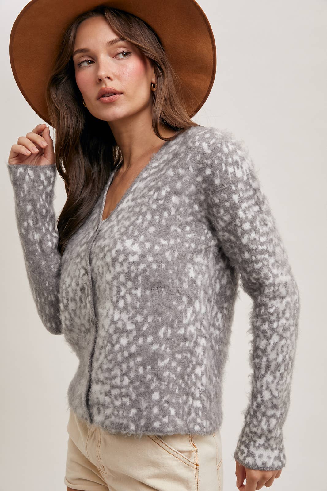 LEOPARD BUTTON DOWN KNIT CARDIGAN: TAUPE