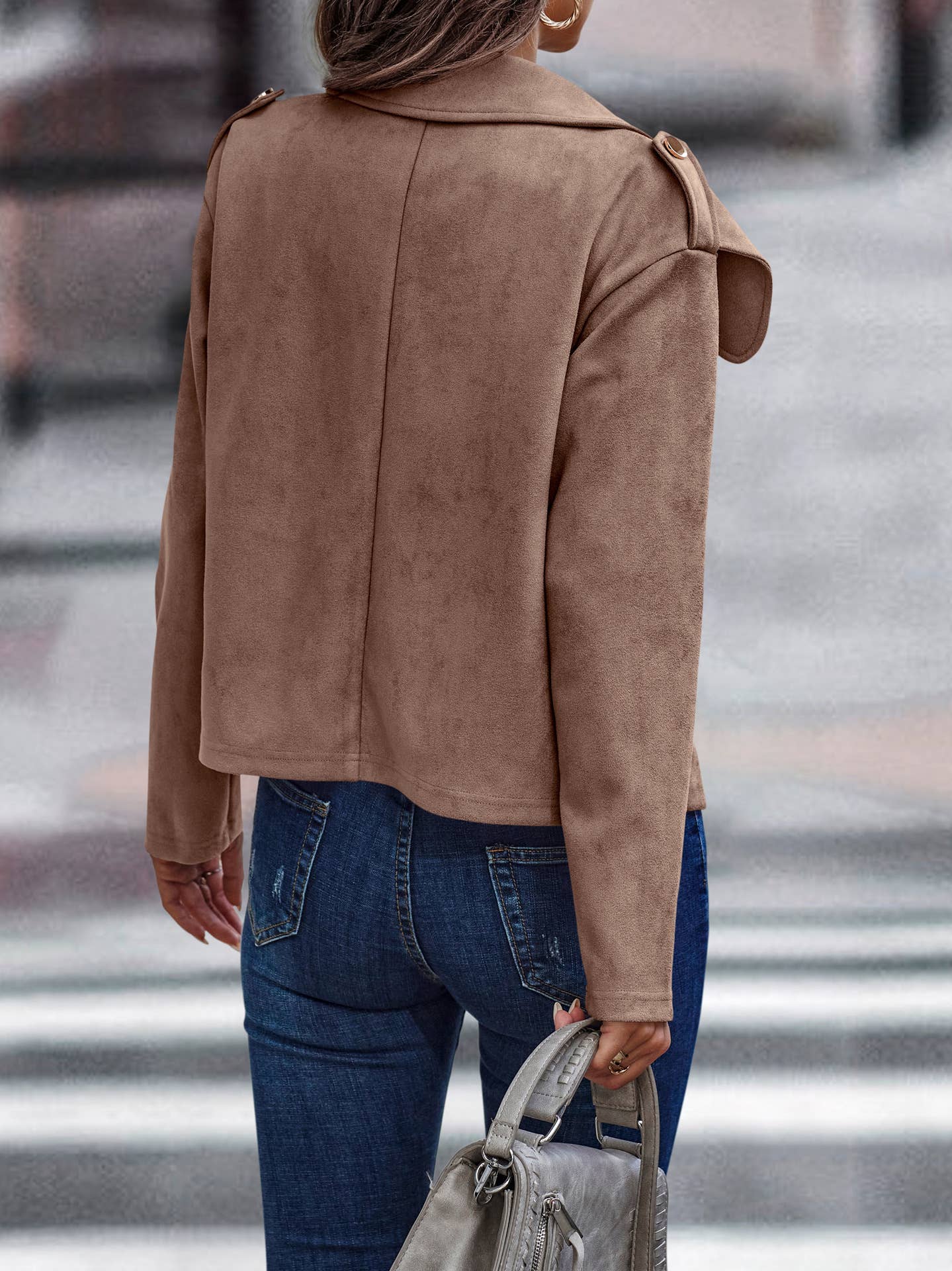 Faux Suede Cropped Jacket: Khaki