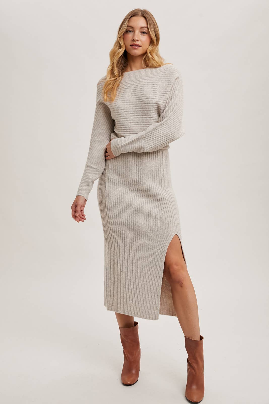 One Shoulder Off Side Slit Midi Knit Sweater Dress: Latte