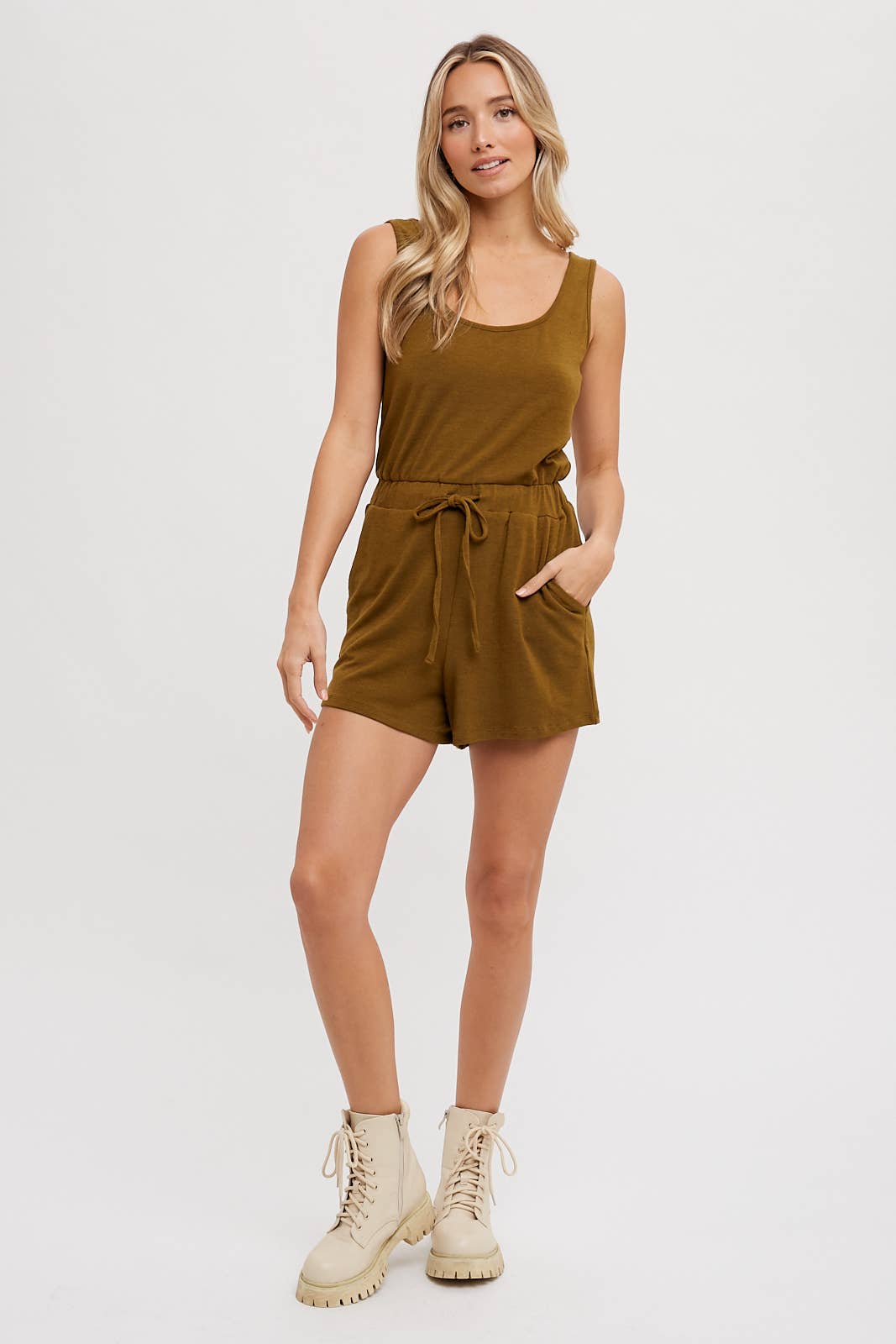 SLEEVELESS KNIT DRAWSTRING ROMPER: OLIVE