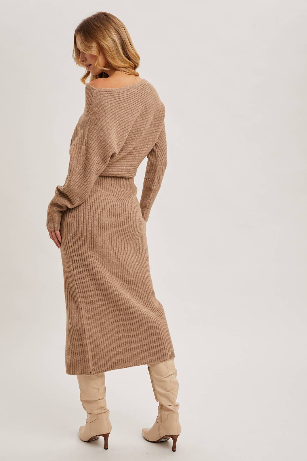 One Shoulder Off Side Slit Midi Knit Sweater Dress: Latte