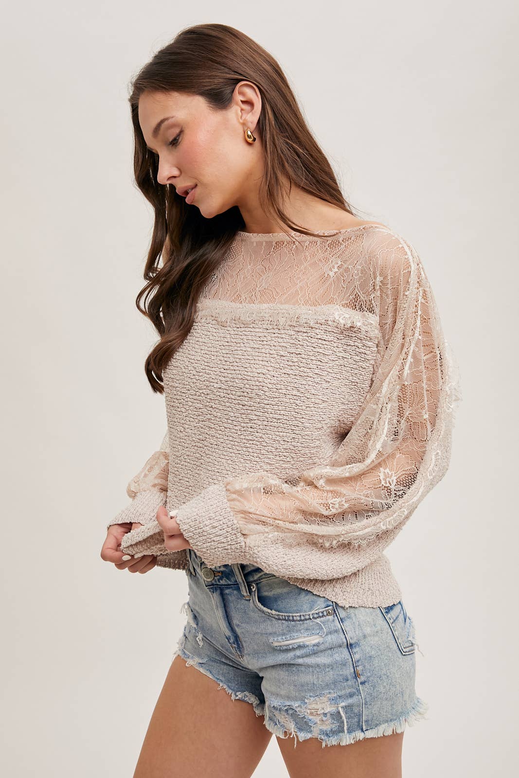 BOAT NECK LACE TRIMMED KNIT SWEATER PULLOVER: Beige