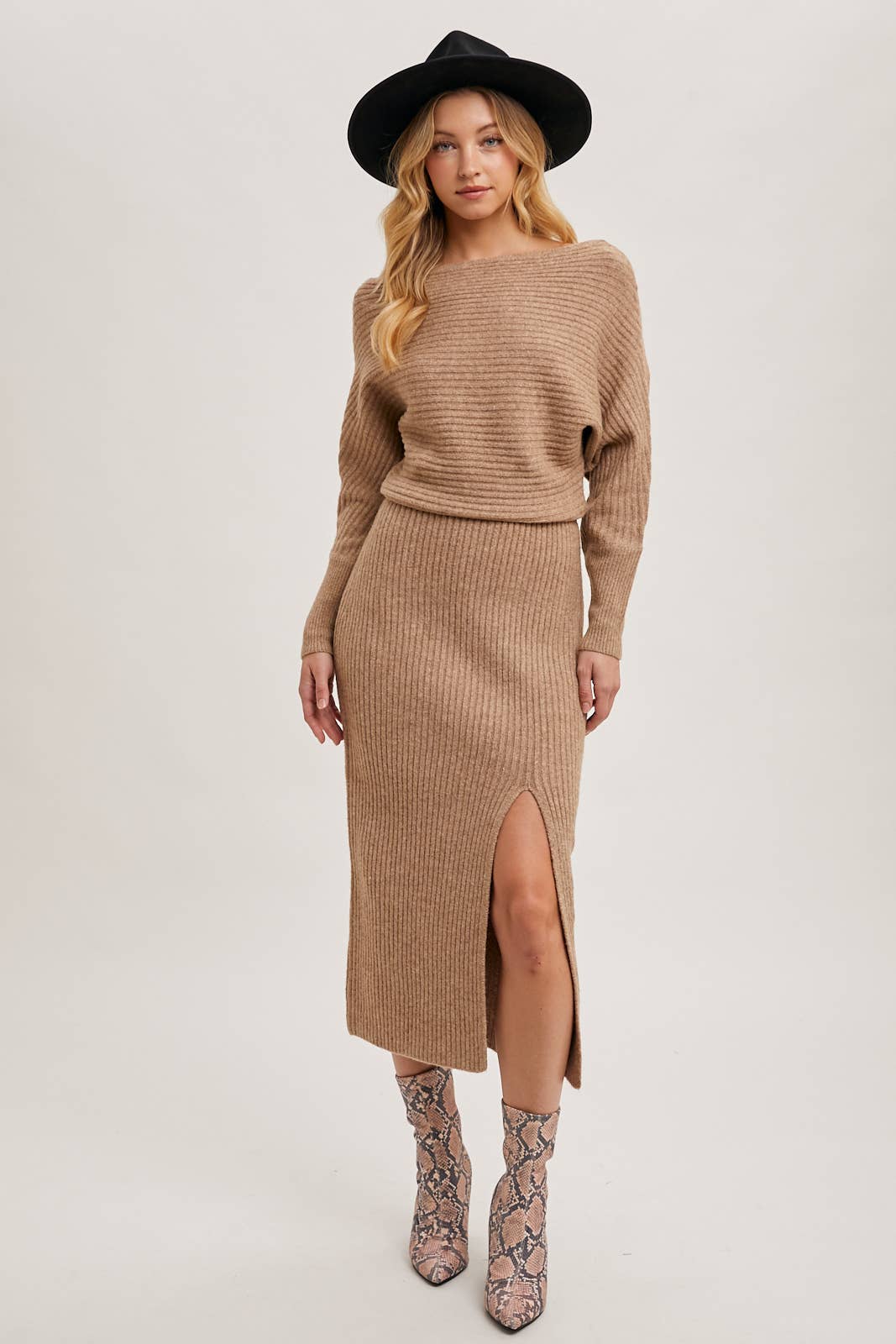 One Shoulder Off Side Slit Midi Knit Sweater Dress: Latte