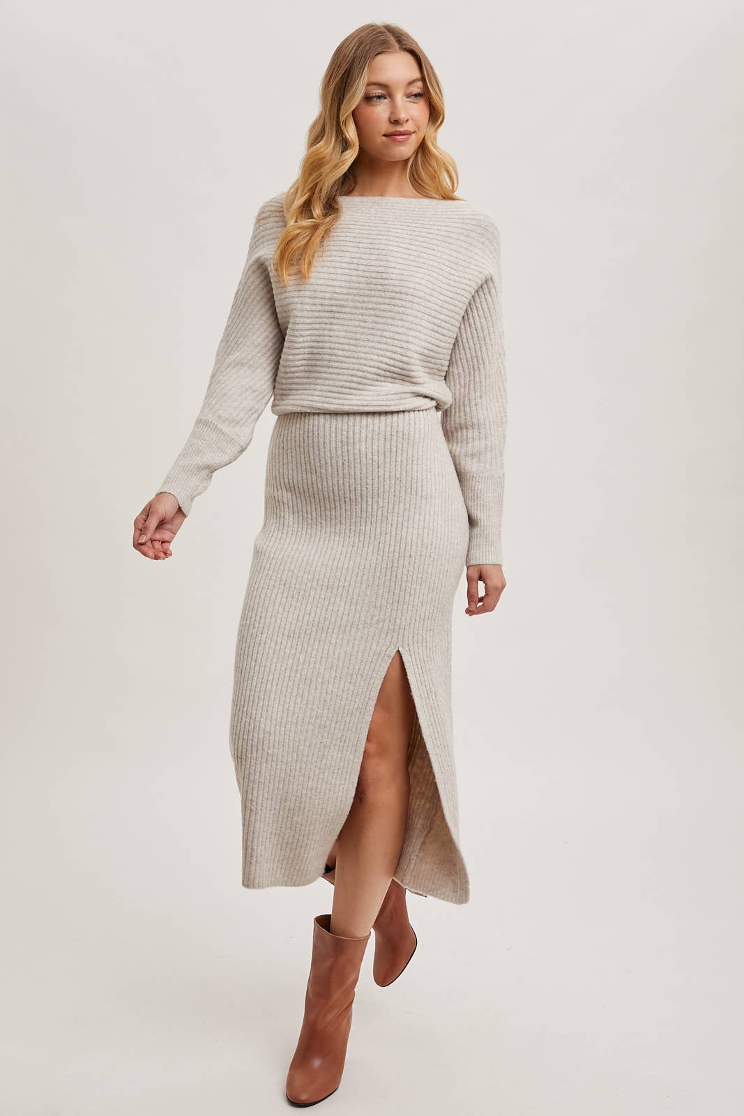 One Shoulder Off Side Slit Midi Knit Sweater Dress: Latte
