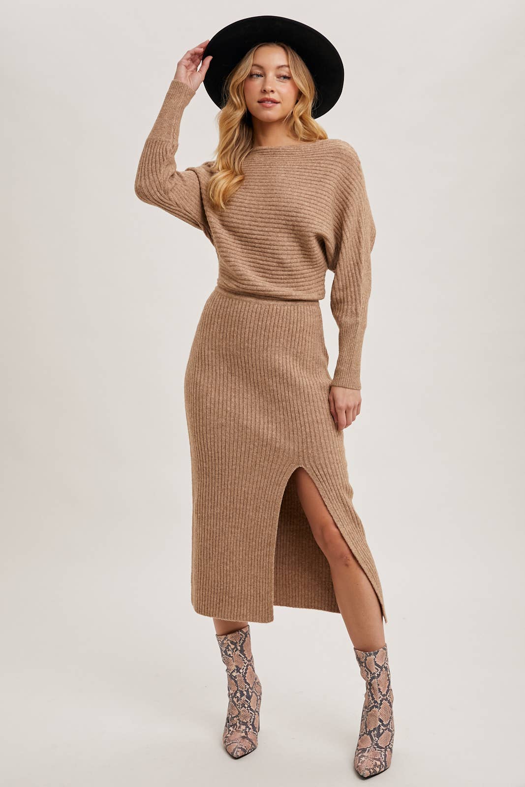 One Shoulder Off Side Slit Midi Knit Sweater Dress: Latte