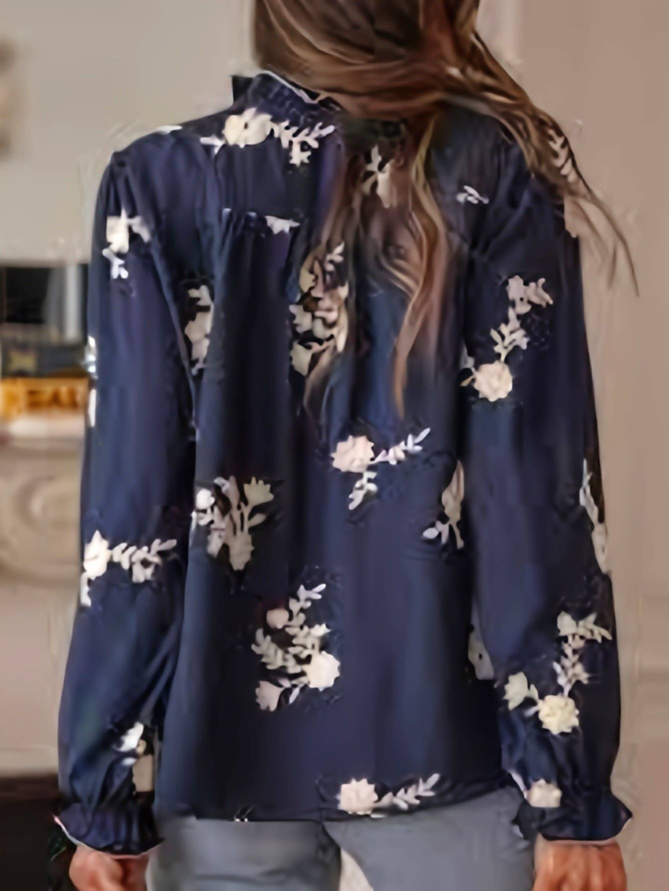 Boho Midnight Ecru Floral Ruffled Blouse: NavyBlue