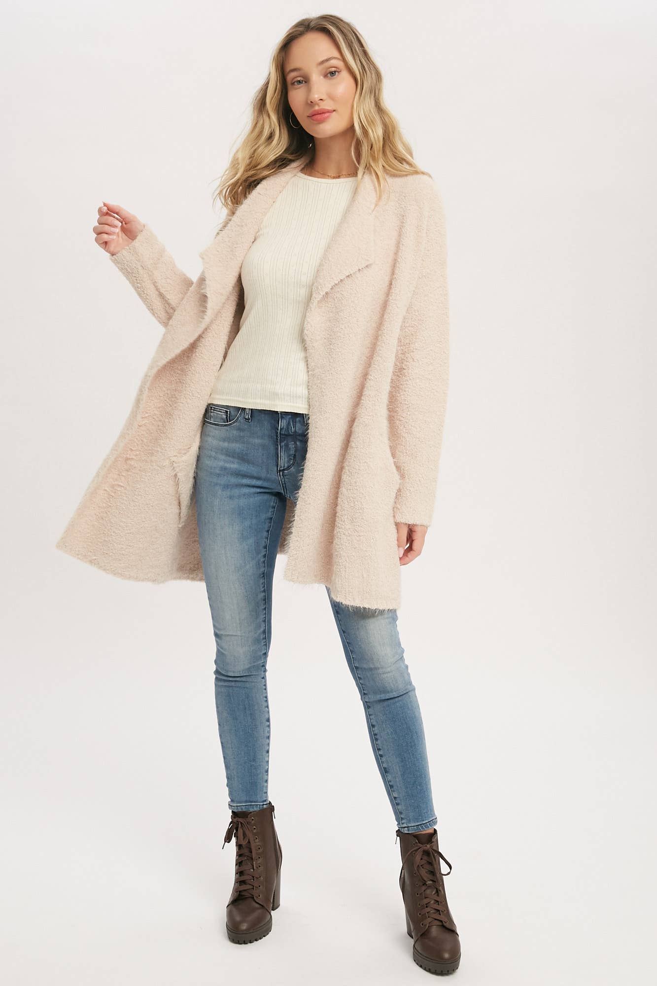 SOFT FUZZY DRAPE FRONT CARDIGAN: MUSHROOM