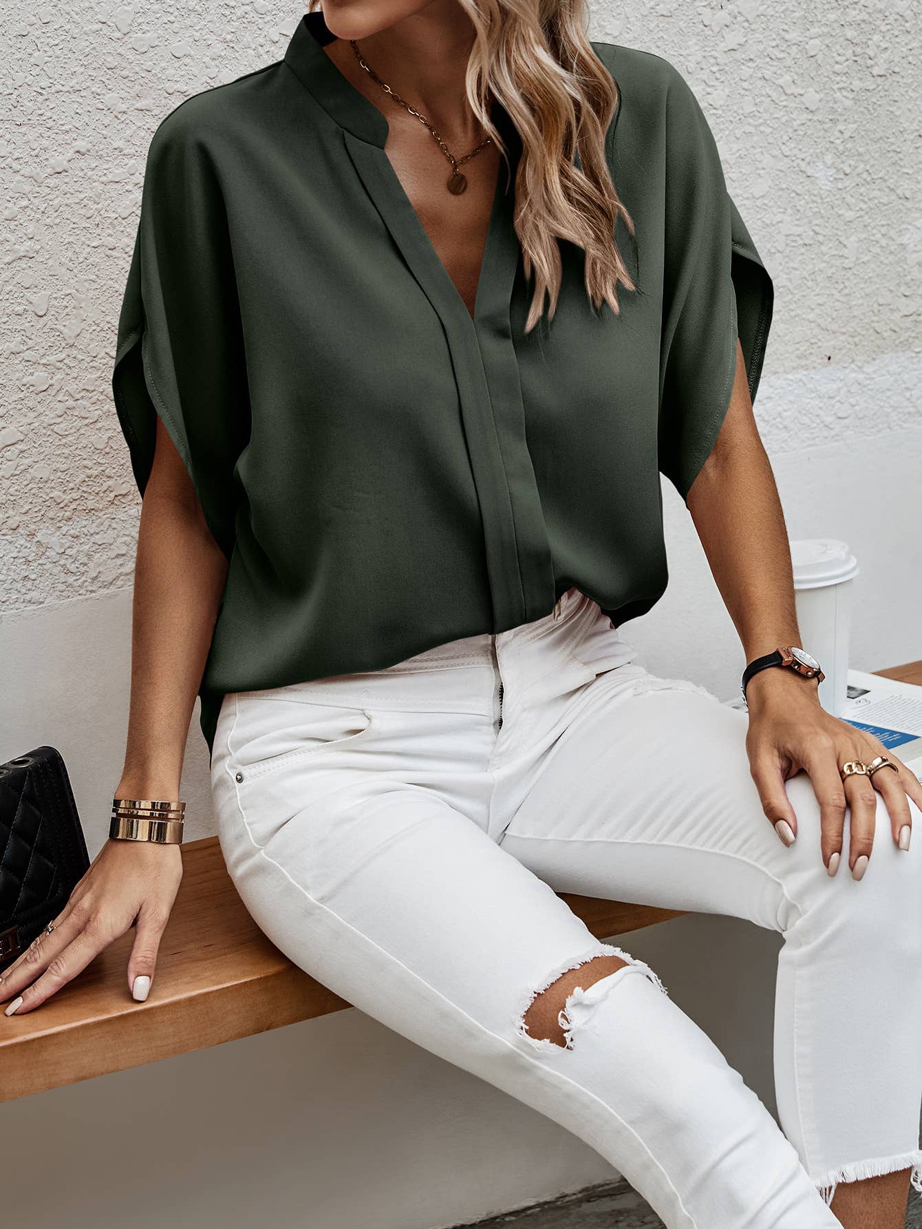 V Neck Exposed Seam Tulip Dolman Sleeve Blouse